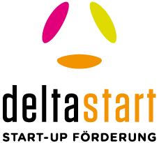 Logo von deltastart: Stilisiertes Delta-Symbol in Magenta, Orange und Grün mit dem Schriftzug 'deltastart' darunter in moderner Typografie.